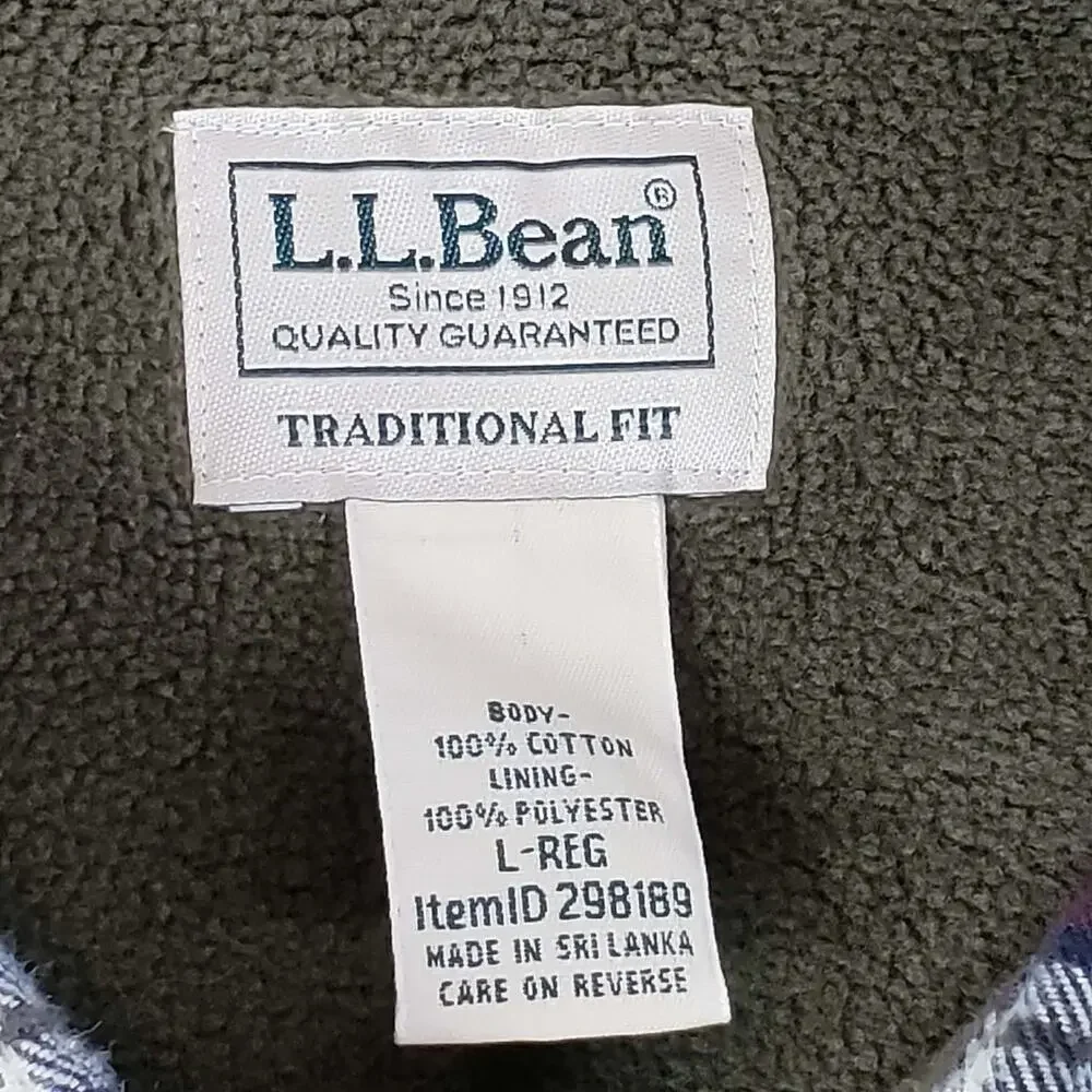 LL Bean Shirt Mens Flannel LS Button Up Size Large Plaid Shacket Fleece Lined - Picture 8 of 11